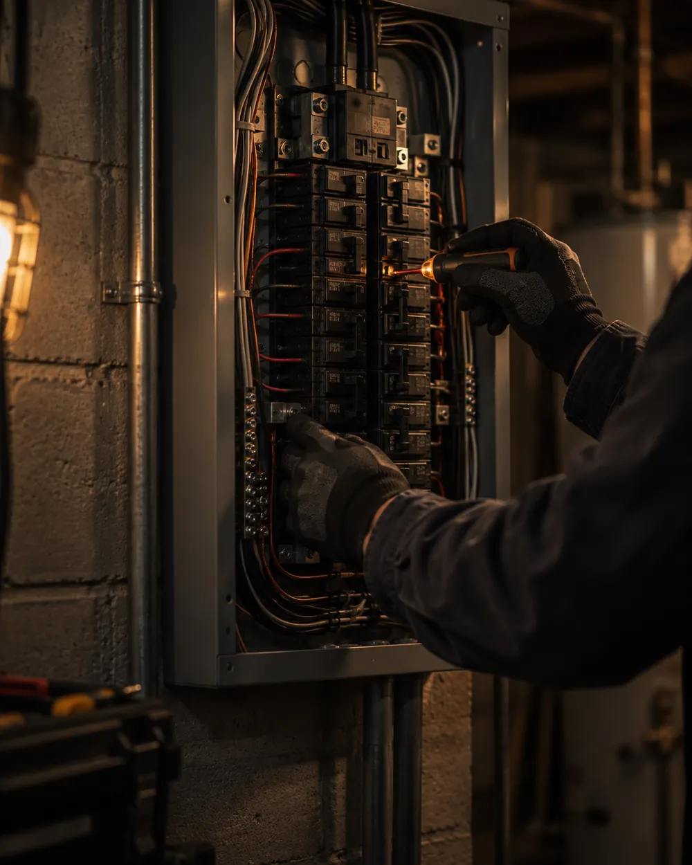 Electrician working on an electrical panel